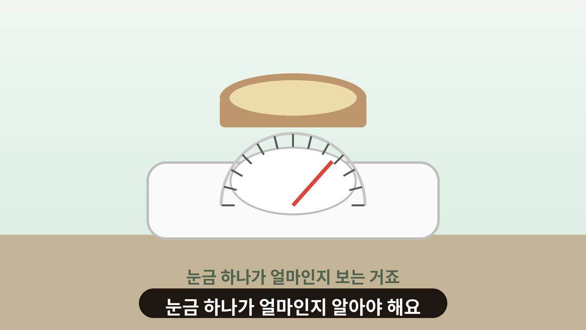 요리용 디지털 저울 위에 그릇을 올려 놓고 눈금을 보는 일러스트, 저울 눈금 하나가 몇 그램인지 확인하는 일상 인사