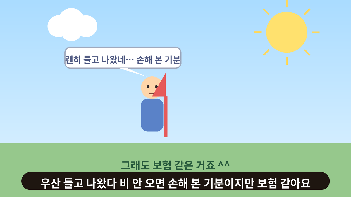 맑은 날 빨간 우산을 들고 서서 괜히 들고 나왔다고 생각하는 사람의 스몰토킹 일러스트, 그래도 보험 같은 것이라는 문구