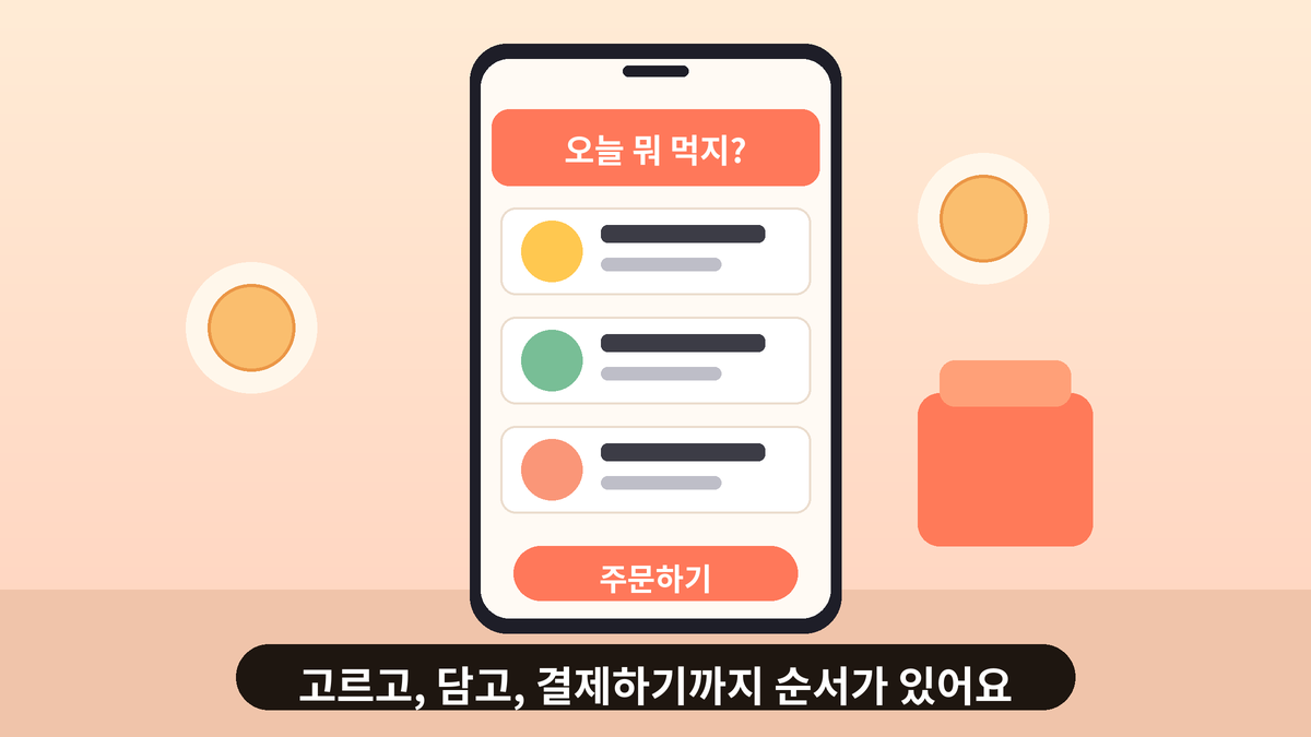 스마트폰 배달앱에서 메뉴를 고르고 주문하기 버튼을 누르는 화면 일러스트, FX 주문 과정 설명 전 가벼운 인사