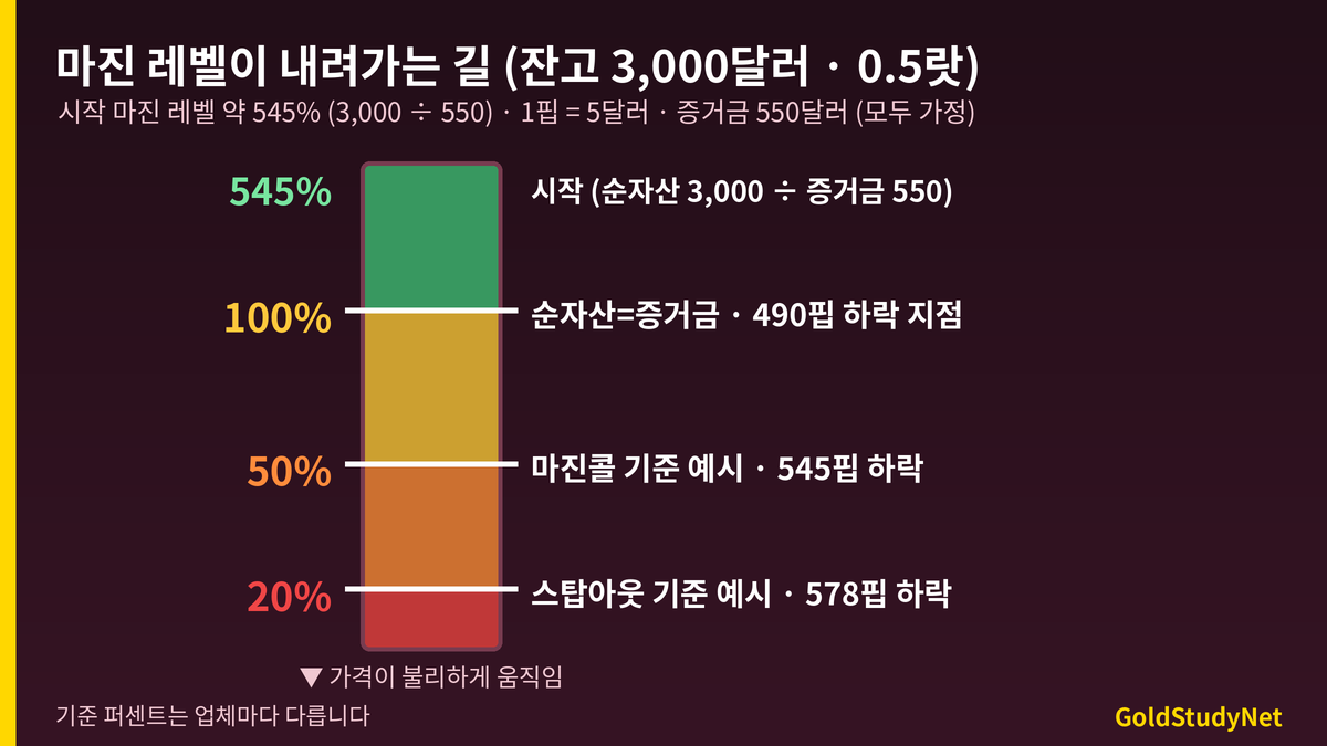 FX 마진 레벨 사다리 도표: 잔고 3,000달러 EUR/USD 0.5랏에서 마진 레벨 100퍼센트 490핍, 50퍼센트 545핍, 20퍼센트 578핍 하락 지점