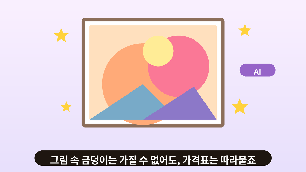 AI가 그린 듯한 풍경 그림이 액자에 걸려 있고 그 옆에 붓과 팔레트가 있는 일러스트, 그림을 소유하는 것과 가격 변화를 보는 것의 비유
