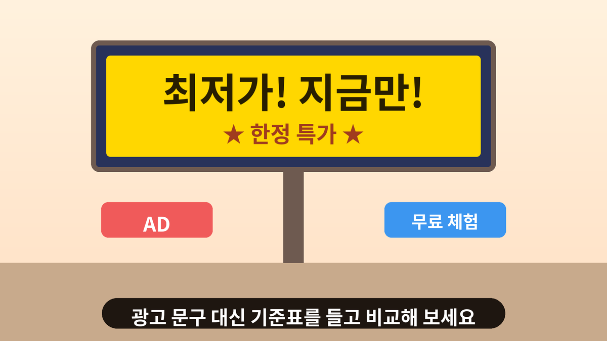 웹 페이지 옆에 배너 광고 여러 개가 보이고 돋보기로 확인하는 사람 일러스트, 광고 문구를 걸러서 보는 모습