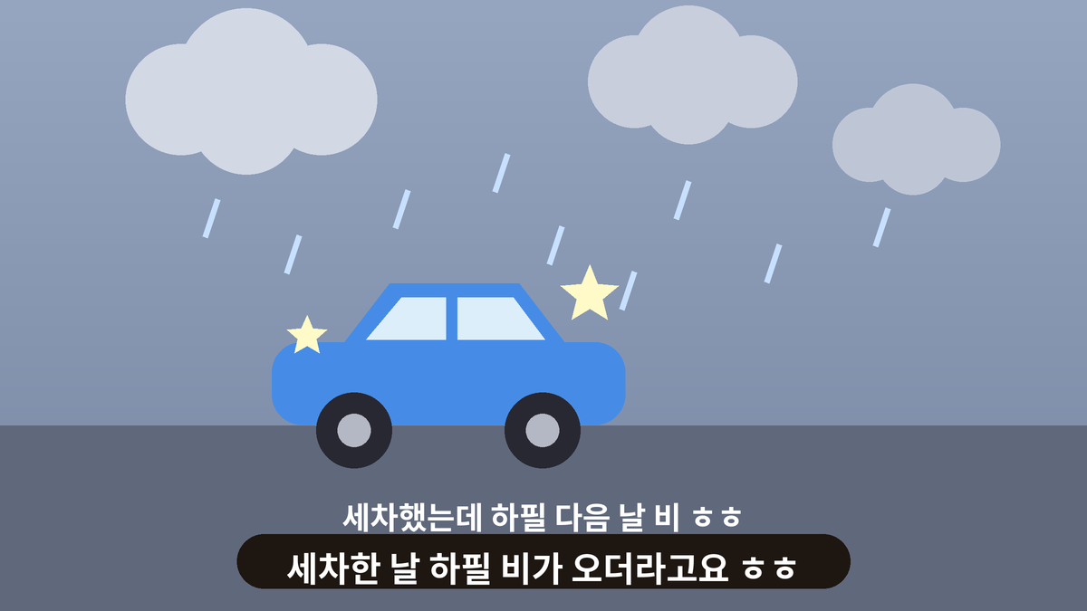 세차해서 반짝이는 파란 자동차 위로 비구름이 몰려오는 일러스트, 세차한 다음 날 비가 오는 허탈하고 유쾌한 일상 인사