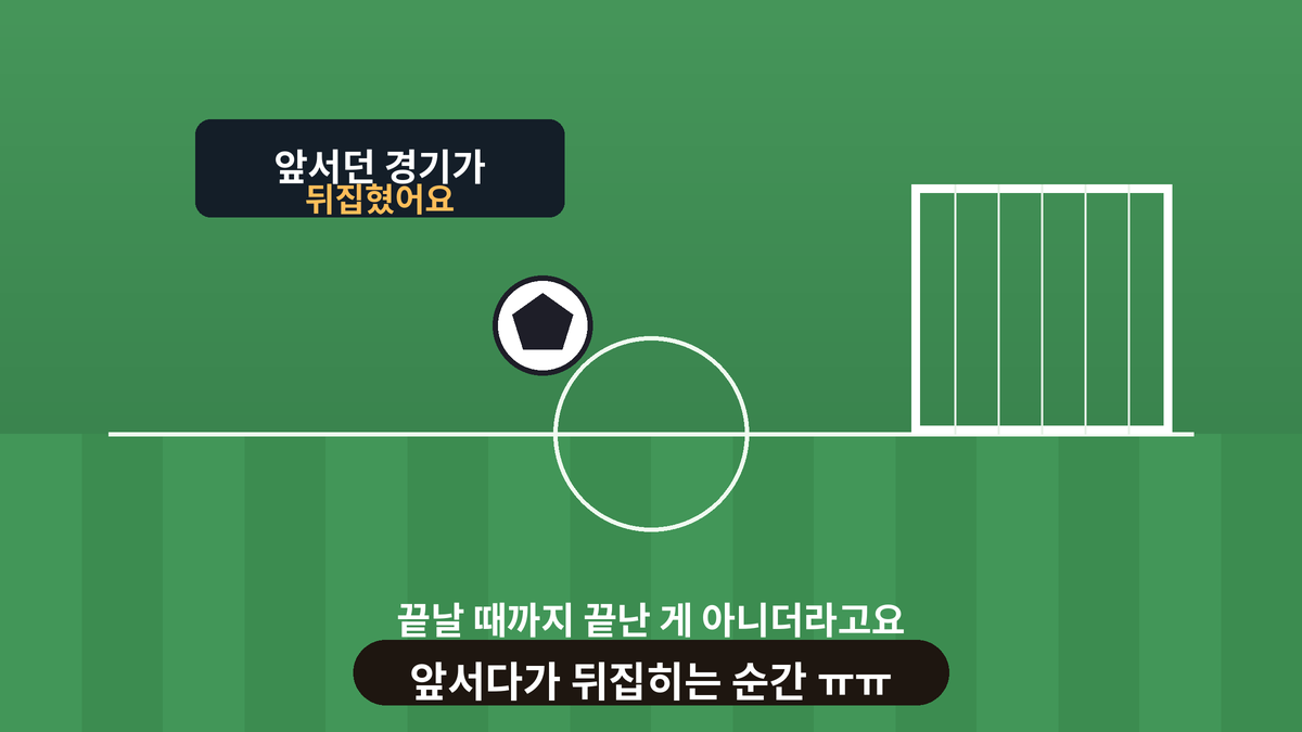 축구장 전광판에서 앞서던 응원팀이 역전패당하는 장면을 그린 일러스트, 아쉬운 마음을 표현한 스몰토킹 이미지