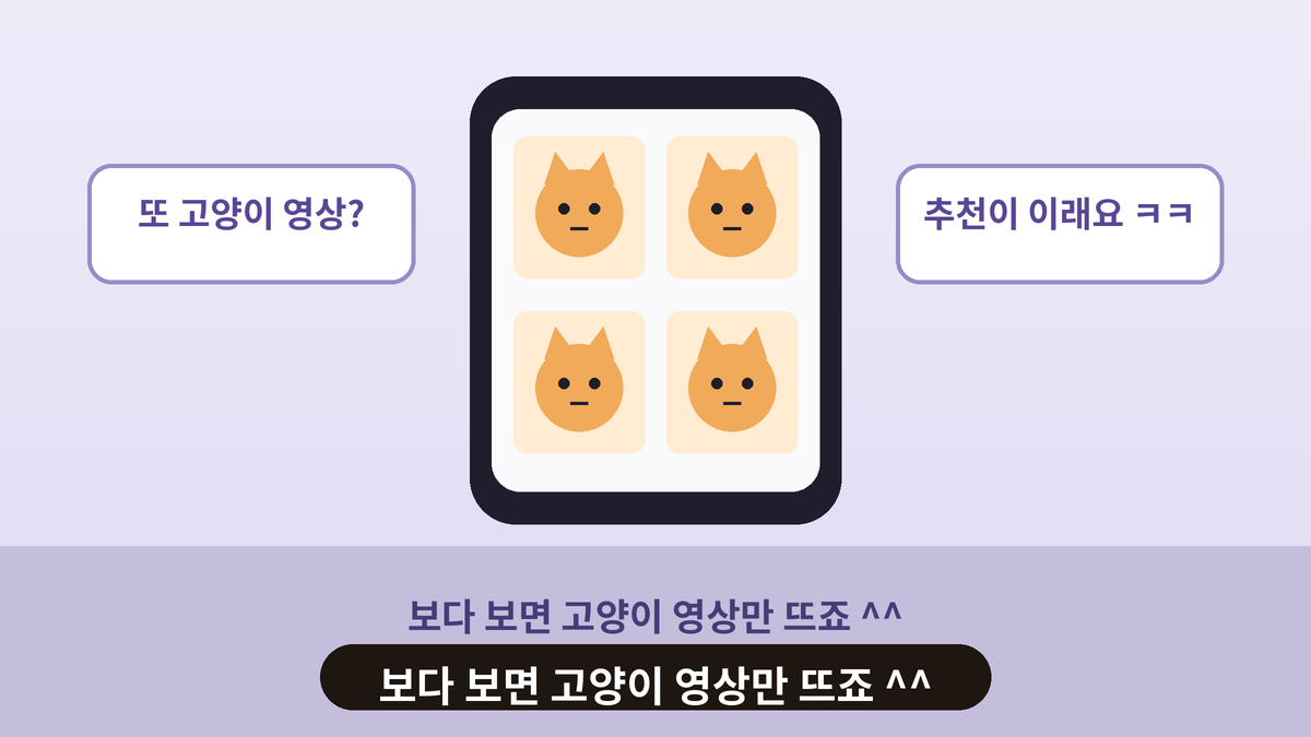태블릿 화면에 고양이 얼굴 영상만 가득 뜬 일러스트, 추천 알고리즘 때문에 고양이 영상만 보게 되는 스몰토킹