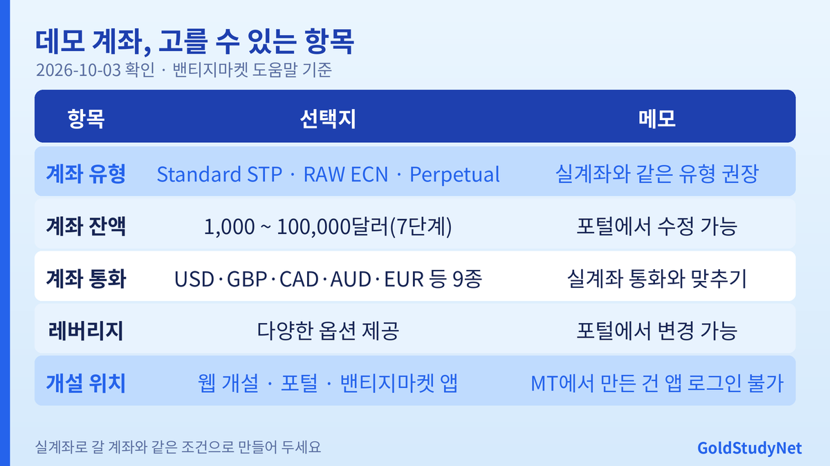 Vantage 데모 계좌 선택 항목 표: 계좌 유형 3가지, 잔액 1,000~100,000달러, 통화 9종, 레버리지 옵션, 개설 위치
