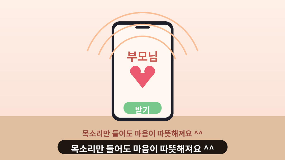 휴대폰 화면에 부모님이라는 글자와 하트가 뜨고 초록색 받기 버튼이 있는 부모님 전화 스몰토킹 일러스트