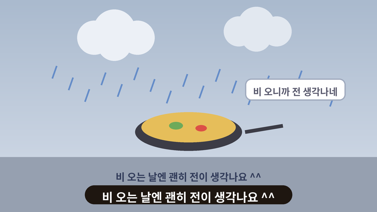 비구름 아래 비가 내리고 프라이팬 위에 전이 부쳐지고 있으며 비 오니까 전 생각나네 하는 말풍선이 있는 스몰토킹 일러스트