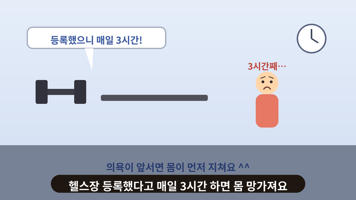 헬스장에서 덤벨 옆에 지친 사람이 서서 등록했으니 매일 3시간이라고 말하는 스몰토킹 일러스트, 의욕이 앞서면 몸이 먼저 지친다는 문구