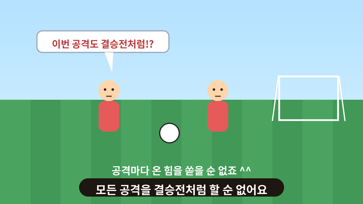 축구장에서 선수가 숨을 헐떡이며 모든 공격을 결승전처럼 뛰다 지치는 스몰토킹 일러스트