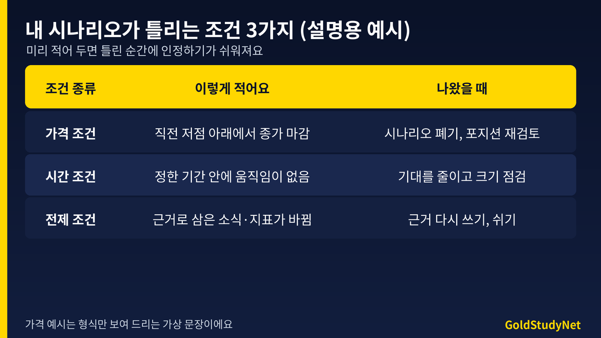 내 시나리오가 틀리는 조건 3가지 작성 표: 가격 조건, 시간 조건, 전제 조건과 각 조건이 나왔을 때 할 행동(설명용 예시)