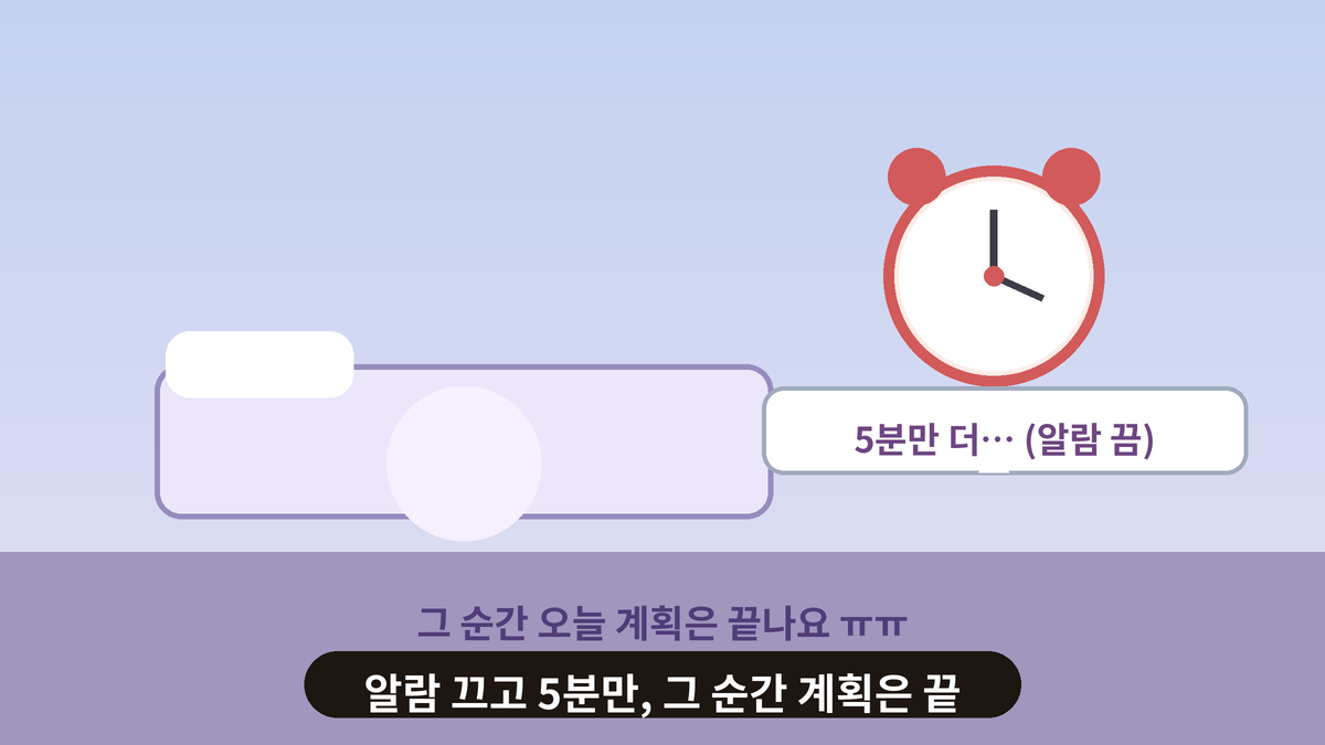 침대 옆 알람 시계를 끄고 5분만 더 자겠다고 말풍선을 띄운 사람이 있는 스몰토킹 일러스트, 아침 알람 끄고 5분만 하는 순간 계획은 끝