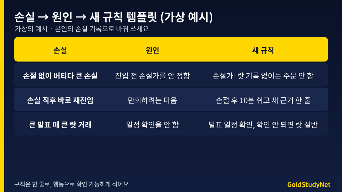 손실 원인 새 규칙 복기 템플릿 표(가상 예시 3행): 손절 없이 버틴 손실, 손실 직후 재진입, 큰 발표 때 큰 랏과 각각의 원인과 새 규칙