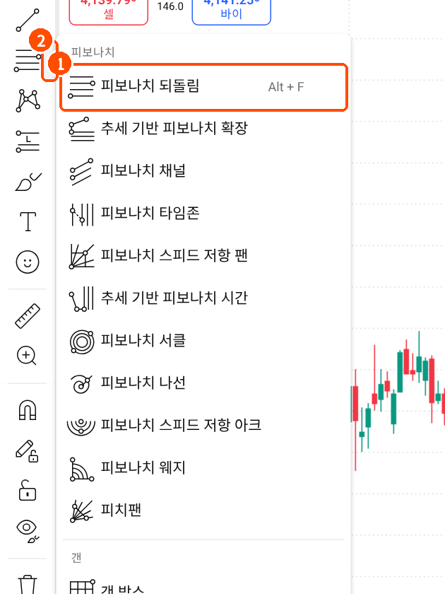 트레이딩뷰 왼쪽 갠 및 피보나치 도구 메뉴에서 피보나치 되돌림 항목 위치를 보여주는 한국어 화면