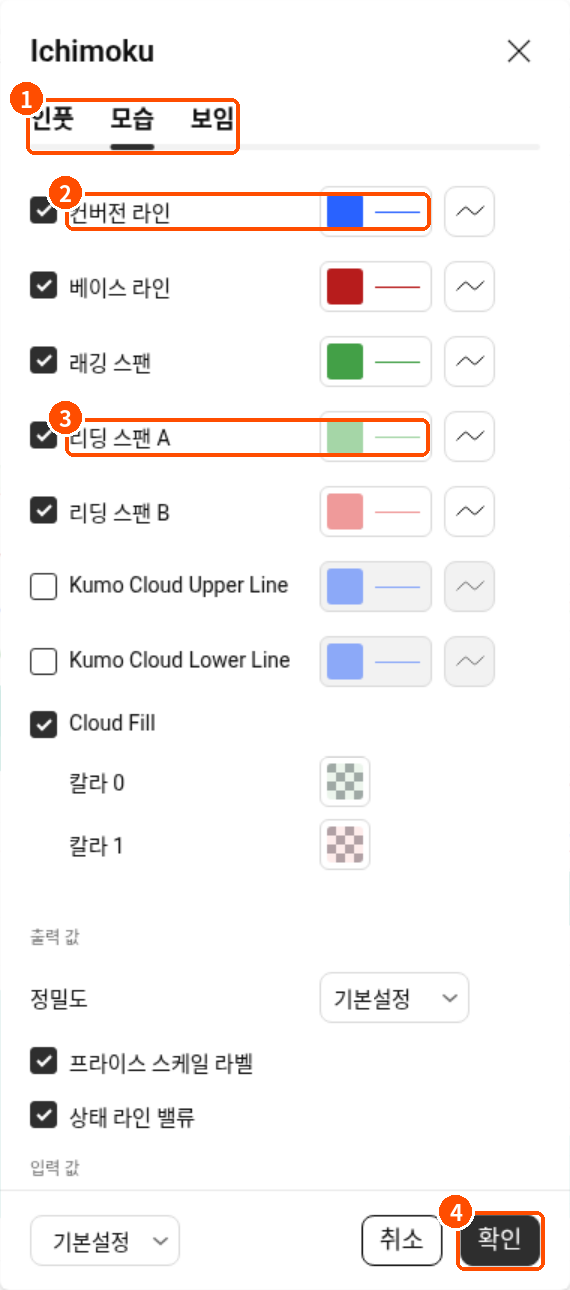 트레이딩뷰 일목균형표 설정창 모습 탭에서 컨버전 라인과 리딩 스팬 A 색상을 바꾸는 화면
