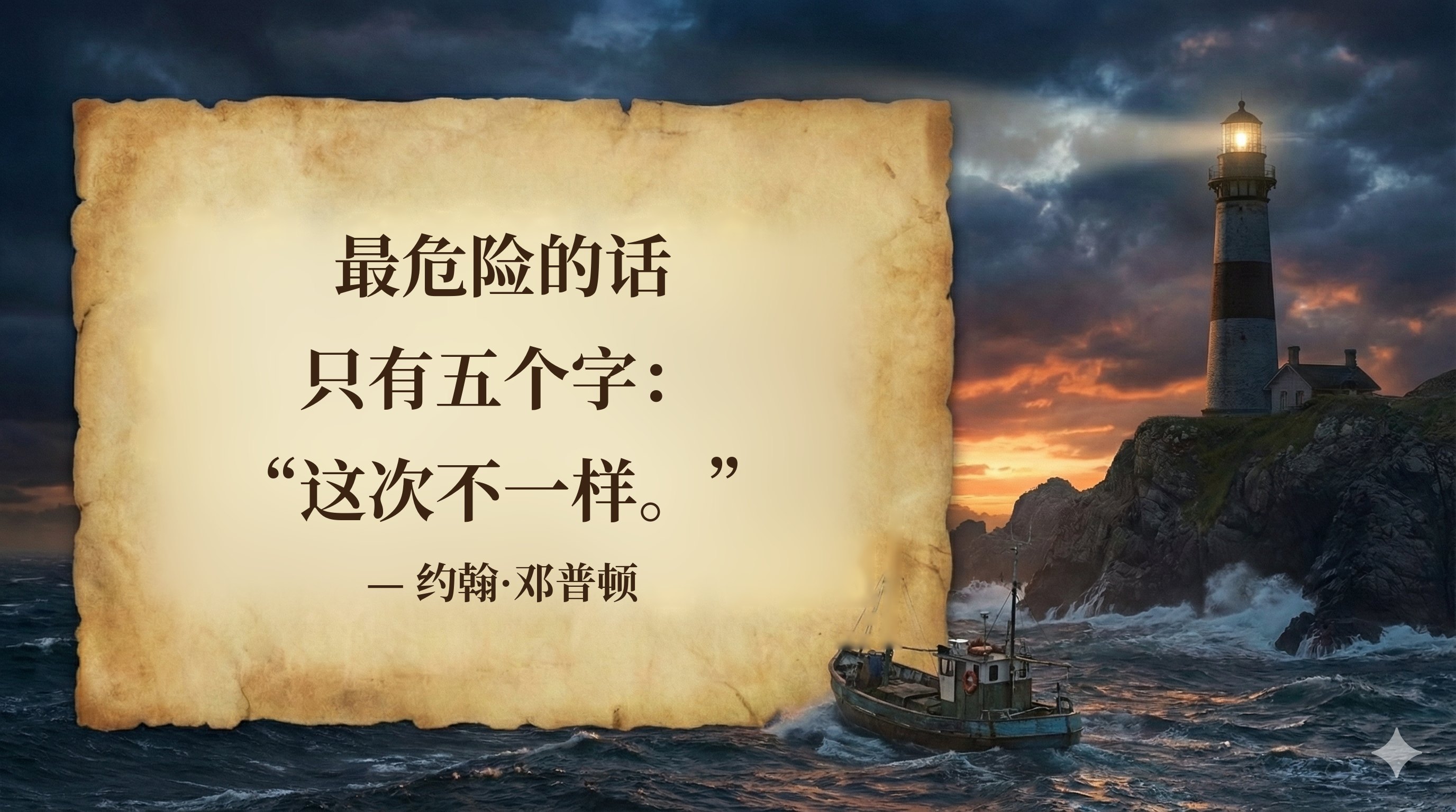 最危险的话 只有五个字： “这次不一样。” — 约翰·邓普顿